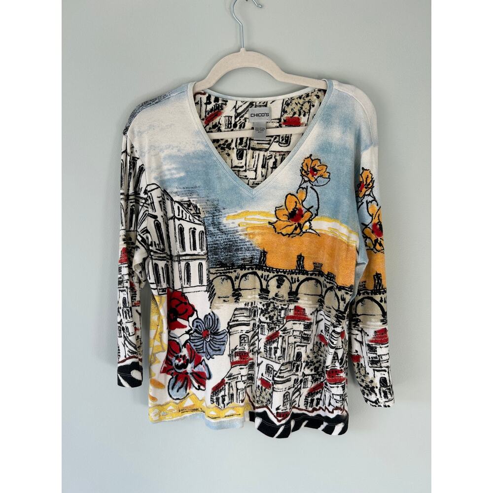 Chico's City Floral All Over Print V Neck Long Sleeve Top 3 100% Cotton XL